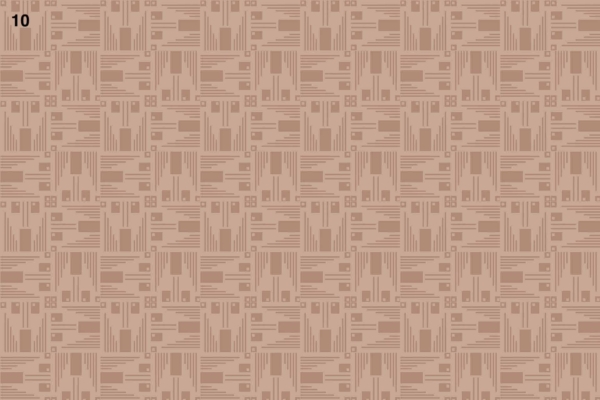 Seamless repeating pattern of abstract rectangular and square shapes in shades of brown, inspired by Bauhaus geometry. The design features varying line thicknesses and orientations, reminiscent of printmaking techniques. The number "10" is visible in the top-left corner, evoking a woodcut art technique ambiance. Key elements include:

- Abstract rectangles and squares
- Shades of brown
- Varying line thicknesses
- Different orientations 
- Number "10" in top-left corner
- Printmaking technique vibe