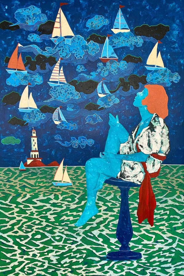 Wallpaper features:
- Sea-themed surreal scene
- Multiple sailboats
- Clouds
- Lighthouse on an island
- Vibrant, patterned sea

Colors:
- Blue (predominantly for the sea and sky)
- Orange (contrast element, likely in details)