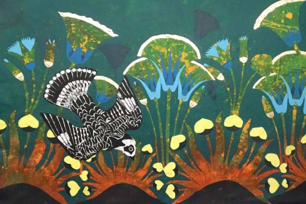 Wallpaper with a whimsical and vibrant feel. Elements include intricate monochromatic bird patterns, stylized plants, and flowers. Colors: various shades of green background, blue floral elements, yellow floral elements, orange floral elements.