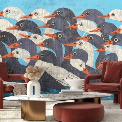 The wallpaper features a vibrant mural of numerous birds with orange beaks set against a blue background.