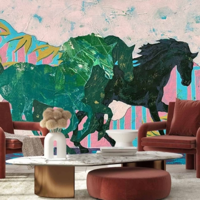 The wallpaper is a large mural of colorful horses running, set against a textured wall with pink and teal hues.