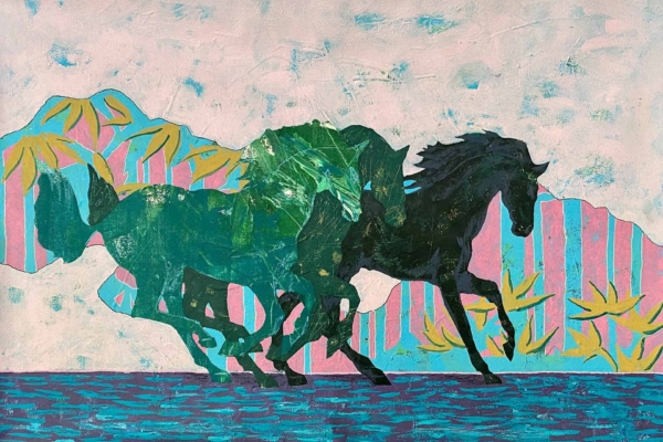 The wallpaper features a dynamic, patterned landscape with stylized mountains and abstract foliage. Predominant colors include pink, yellow, and blue hues. Elements of energy and motion are emphasized throughout the design.