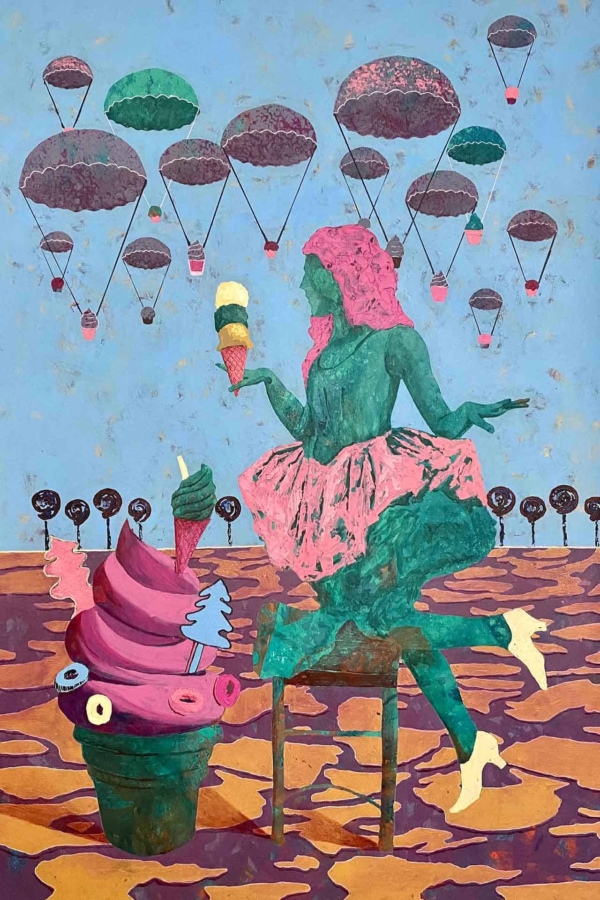 Wallpaper features: surreal elements, green figure, pink hair, colorful ice cream cone, flowing pink dress = primary colors: green, pink. Background includes oversized ice cream cones and parachutes with ice cream cups.