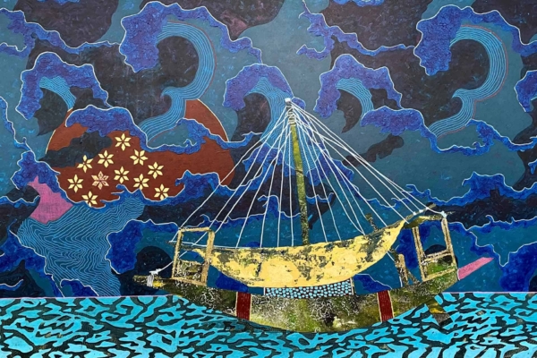 Abstract wallpaper features: Golden hull boat, vibrant blue and turquoise background, swirling sky patterns, waves, crescent moon, small white flowers, contrasting colors. Dynamic and surreal design elements.