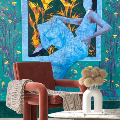 The wallpaper is patterned and green, featuring intricate designs. The patterns include subtle geometric shapes, accented with shades of emerald and lime highlights.