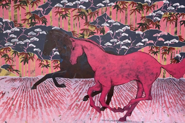 Abstract wallpaper featuring vibrant elements: bright pink and dark brown horses in motion, colorful mix of pink, green, and black background. Abstract patterns of bamboo and other plants; textured ground with fine lines.