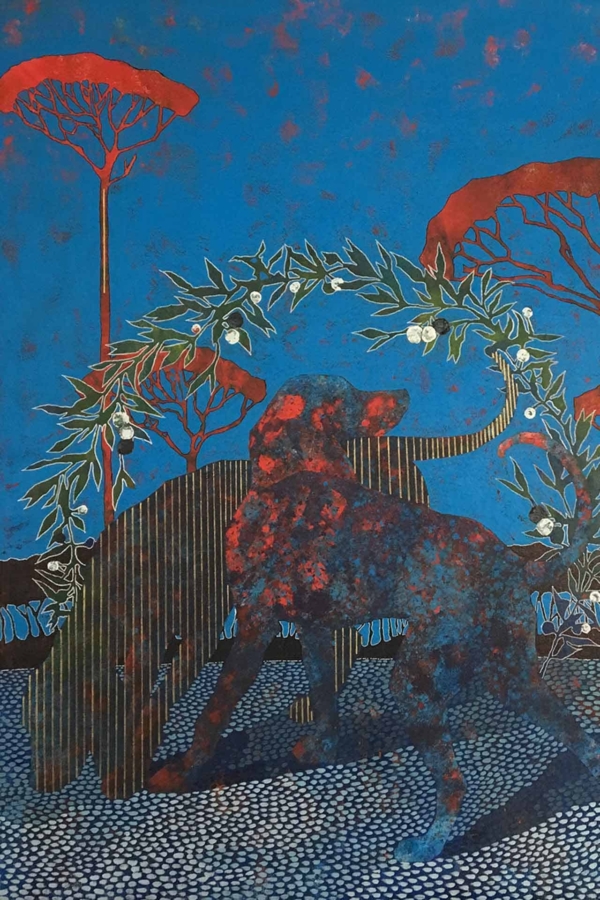 Wallpaper features:
- Abstract structure
- Dog with wreath of greenery and white flowers
- Tall slender trees with red foliage
- Vibrant blue sky background
- Speckled textured ground

Key colors:
- Greenery (green)
- White flowers (white)
- Red foliage (red)
- Blue sky (blue)
