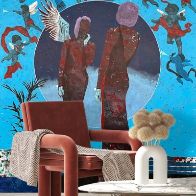 The wallpaper features a vibrant mural with two abstract human figures in bold red. These central figures are surrounded by smaller, dynamic silhouettes in motion, creating a sense of energy and movement. The background is filled with varying shades of blue, enhancing the overall contrast and making the red figures pop. This lively and colorful design serves as a striking focal point in the contemporary living space.
