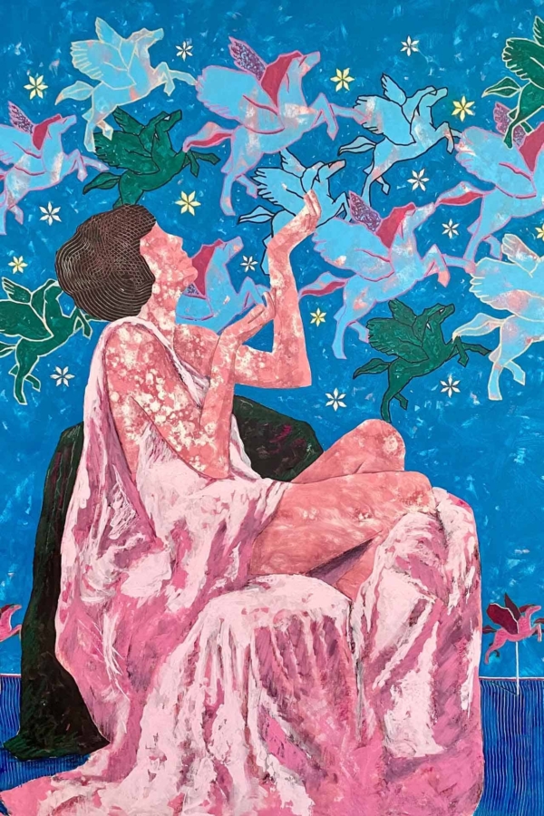 Vibrant blue background with green leaves, white stars, and blue and pink birds.