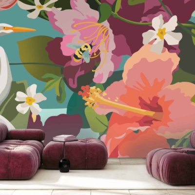 Vibrant mural: egret, bee on a flower, various colorful flowers, green leaves.
