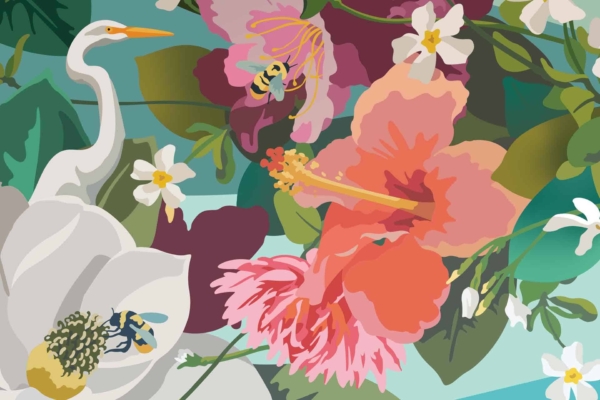 Wallpaper featuring a vibrant illustration of various flowers: pink hibiscus, white magnolia. Includes two bees pollinating, a white heron with a long yellow beak. Surrounded by lush green leaves on a turquoise background.