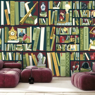 Colorful wallpaper featuring shelves filled with books, vintage items, and art pieces. Highlights include prominently visible books on Renaissance Masters and Pop Art. Warm tones with plush burgundy seating and small stools in the foreground, creating a cozy reading nook reminiscent of an inviting library. Rich hues of red, gold, blue, and green dominate the palette.