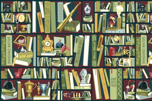 The wallpaper features muted green, yellow, and brown tones with intricate patterns. Motifs include vintage florals and geometric designs. The overall look is cozy and elegant, enhancing the timeless aesthetic of a reading library filled with classical elements.