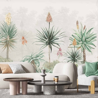 Our living room showcases an artistic wallpaper featuring various tropical plants. Expect soft, earthy colors with lush greens, gentle browns, muted yellows, and soothing beiges. The nature-inspired backdrop includes intricate leaf patterns and exotic flora motifs for a serene ambiance.