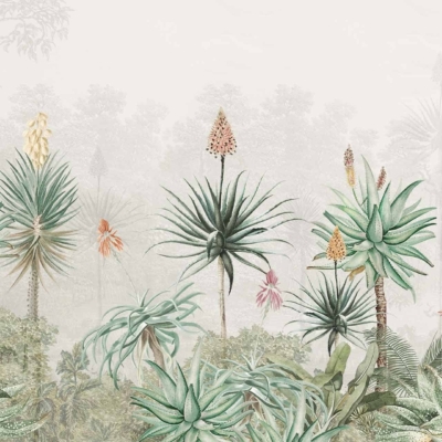 Serene botanical wallpaper featuring tall succulents and flowering aloe plants with long, pointed leaves. Background includes a misty, ethereal depiction of a forest or jungle. Colors: shades of green, soft blues, muted pinks, and earthy browns. Ideal for nature-themed decor.