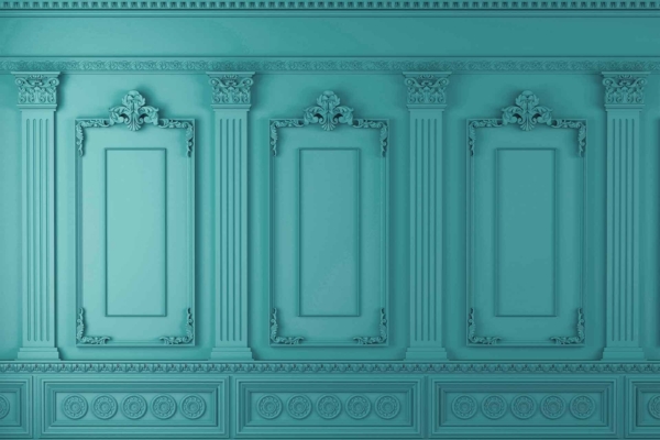 Turquoise wallpaper features four rectangular panels with intricate patterns at the tops and detailed column-like designs between them. Floral and scroll motifs in the top and bottom sections create a classical look.