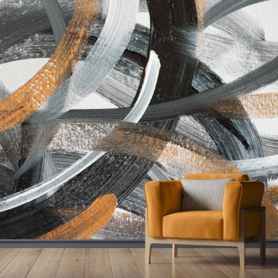 The wallpaper features abstract art with bold brushstrokes in black, grey, and gold.
