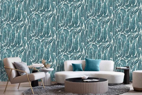 Modern living room wallpaper features a bold, teal and white patterned design with organic, fern-like elements. The main colors are teal and white, creating a striking contrast ideal for contemporary décor. This unique wallpaper adds an eye-catching focal point to any space.
