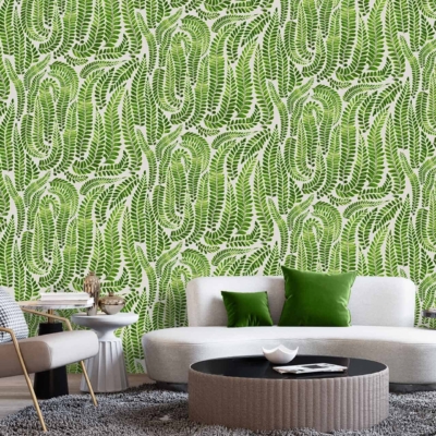 A modern living room features a green leaf-patterned wallpaper. The wallpaper boasts various shades of green leaves, intricately designed with veins and a natural texture. Key elements include large tropical leaves and delicate fern fronds, creating a lush, vibrant backdrop.