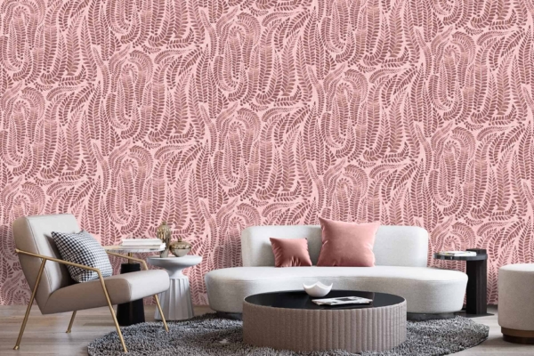 Abstract leaf-patterned wallpaper: pink and white elements.