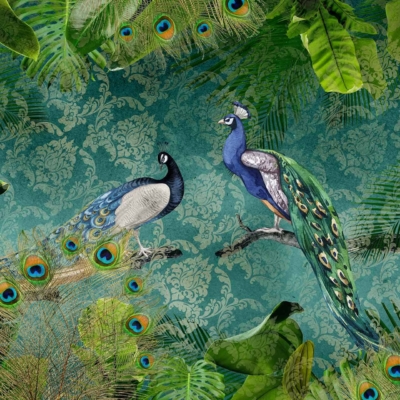 Elaborate wallpaper design with two peacocks perched on a branch, set against a teal damask pattern background. Features lush tropical greenery, vibrant green leaves, and intricate peacock feathers. Rich, exotic atmosphere with blue, green, and teal hues throughout.