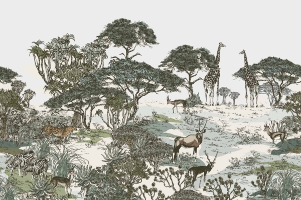 Wallpaper Illustration: African Savanna Scene

Elements:
- Giraffes
- Antelopes
- Cheetah 
- Lush green trees 
- Bushes

Colors:
- Green (trees, bushes)
- Brown and beige (giraffes)
- Tan and white (antelopes)
- Yellowish-tan with black spots (cheetah)

Scene Description: A vibrant wallpaper showcasing a peaceful African savanna with giraffes elegantly browsing high branches, antelopes grazing on the lush greenery, and a cheetah reclining amidst dense foliage. The background teems with life, highlighting the rich biodiversity of this sanctuary through its vivid portrayal of animals and natural elements.