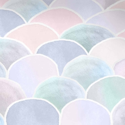 Watercolor illustration, pattern, overlapping scallop shapes, pastel colors, soft blues, pinks, greens, purples, soothing mosaic, gentle blending.