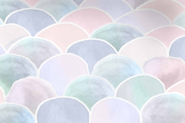 Watercolor illustration, pattern, overlapping scallop shapes, pastel colors, soft blues, pinks, greens, purples, soothing mosaic, gentle blending.