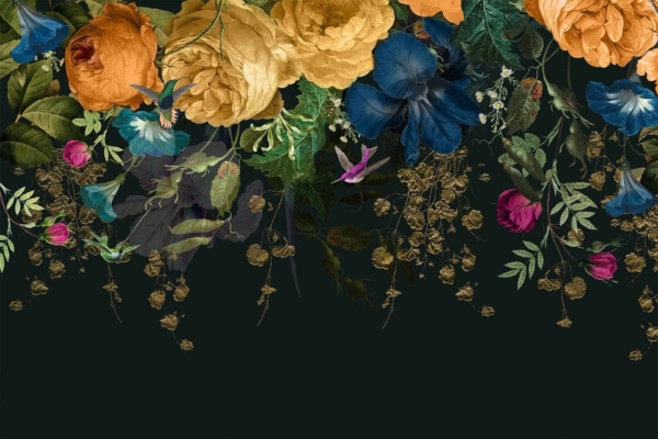 A lush floral wallpaper features gold, blue, pink, and orange blooms against a dark green background. Green foliage and delicate vines drape gracefully, creating an intricate and vibrant border.