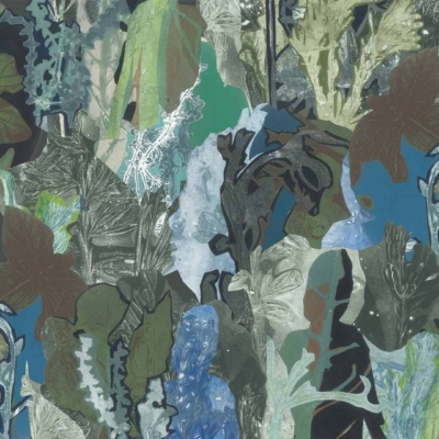 Creating a dense and lush forest-like wallpaper collage, featuring various leaf and plant shapes, with intricate details in green, blue, and earth tones. The overlapping foliage patterns evoke a natural, organic feel. Elements include a mix of leaves and plants with vibrant hues of green intertwined with soothing blues and earthy browns. Perfect for those seeking One with Nature ambiance.