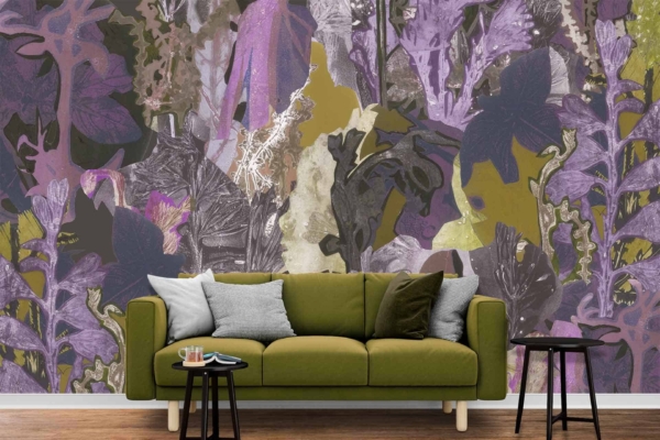 Nature-inspired mural, vibrant wall, large abstract leaves, shades of purple, green leaves, yellow accents.