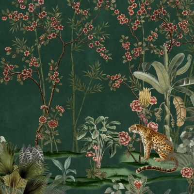 Wallpaper: A lush, green jungle scene with various plants and trees. Red and pink flowers adorn the foliage. A leopard sits attentively among the greenery, looking to the right. The background showcases intricate tropical vegetation in vibrant green hues.