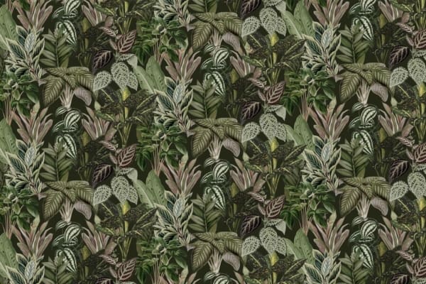 Seamless pattern wallpaper featuring various green and brown tropical leaves. Dense foliage with different shapes and sizes creates a lush texture. Dark green background enhances vibrant leaf colors.