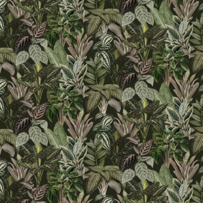 Seamless pattern wallpaper featuring various green and brown tropical leaves. Dense foliage with different shapes and sizes creates a lush texture. Dark green background enhances vibrant leaf colors.