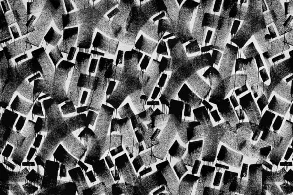 Abstract black and white image showcasing a complex pattern of geometric shapes and lines, creating an intimate visual melody. Numerous interwoven forms generate an intricate, dynamic texture with high contrast. This wallpaper evokes artistry akin to "Purple Reign," offering a visually rich aesthetic. Key elements include geometric shapes, interwoven patterns, high contrast, black and white tones.