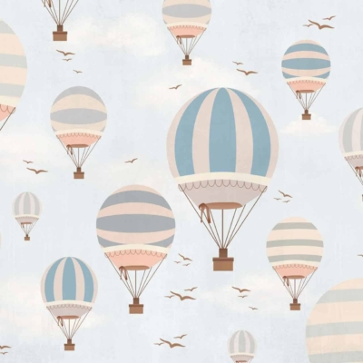 Pastel-colored hot air balloons with stripes and patterns, floating in a light blue sky. Fluffy clouds and flying birds create a whimsical, dreamlike atmosphere. Various balloon sizes scattered throughout. Reminiscent of *80 Days*.