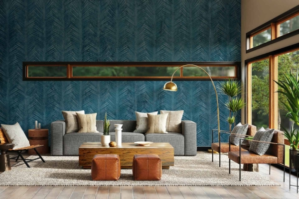 The wallpaper in this modern living room is tall and patterned in rich blue tones. The design features intricate patterns that add character and depth to the space.