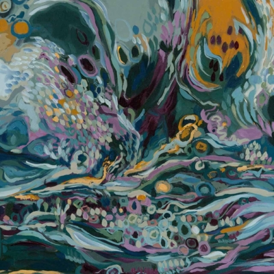 Discover a vibrant abstract wallpaper featuring swirling patterns and colors. Dominated by shades of blue, green, purple, and yellow, the design boasts organic shapes and overlapping layers. The dynamic composition evokes wind rolling across water or seed pods dancing in a breeze. Perfect for an energetic yet calming ambiance.