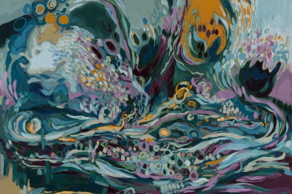 Discover a vibrant abstract wallpaper featuring swirling patterns and colors. Dominated by shades of blue, green, purple, and yellow, the design boasts organic shapes and overlapping layers. The dynamic composition evokes wind rolling across water or seed pods dancing in a breeze. Perfect for an energetic yet calming ambiance.
