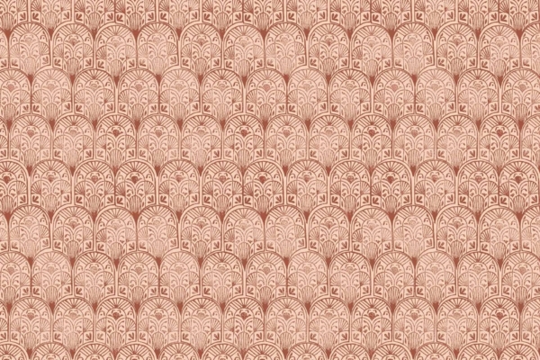 A decorative wallpaper pattern features a repeating geometric design with arches and intricate detailing in shades of terracotta and beige. Reminiscent of a vintage garden trellis, the symmetrical pattern creates an art deco-inspired aesthetic. The wallpaper includes elements such as arches, intricate detailing, geometric shapes, terracotta shades, beige hues, symmetry, vintage garden trellis vibes, and art deco inspiration.