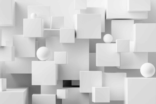 Abstract 3D wallpaper with white cubes and spheres in varying sizes, arranged randomly against a neutral backdrop. Minimalist and modern design with a focus on geometric shapes. Suitable for contemporary interiors seeking clean, sophisticated aesthetics.
