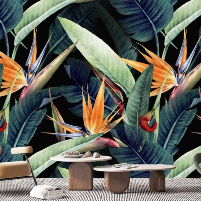 Vibrant tropical mural, large green leaves, striking orange bird-of-paradise flowers, black background, bold and lively atmosphere.