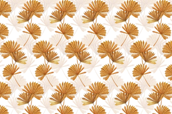 The wallpaper features a repeating pattern of stylized palm leaves in shades of brown and beige. The leaves are evenly spaced and oriented diagonally, creating a seamless and harmonious design across a white background. Key elements: palm leaves, stylized, shades of brown, beige, evenly spaced, diagonal orientation, seamless design.