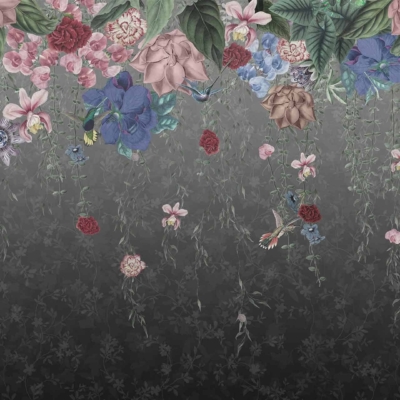 An elegant floral wallpaper featuring cascading roses, hydrangeas, and peonies set against a dark gradient background. Green vines weave through the blooms while small hummingbirds hover dynamically among the flowers. Rich colors such as deep reds, soft pinks, crisp whites, lush greens, and vibrant purples create a sophisticated and lively scene. This design has been crafted to add a touch of nature’s beauty to any space.