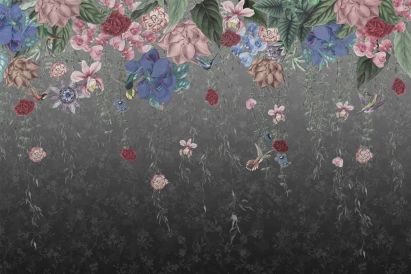 An elegant floral wallpaper featuring cascading roses, hydrangeas, and peonies set against a dark gradient background. Green vines weave through the blooms while small hummingbirds hover dynamically among the flowers. Rich colors such as deep reds, soft pinks, crisp whites, lush greens, and vibrant purples create a sophisticated and lively scene. This design has been crafted to add a touch of nature’s beauty to any space.