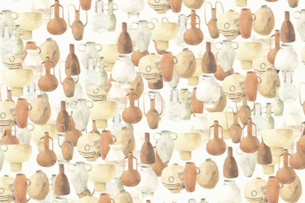 A seamless wallpaper pattern with watercolor illustrations of pottery vessels and jars. Features include earth tones like beige, brown, and muted green. The arrangement is random yet harmonious on a white background. Earthy pottery elements and soft-colored jars are tightly placed together, creating cohesion and balance.