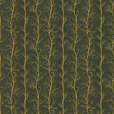 Seamless pattern, intricate tree branches, golden-yellow color, deep green background, delicate trailing design, elegant naturalistic wallpaper, vertical repetition.