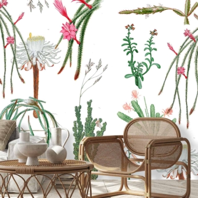 The wallpaper features a detailed botanical mural showcasing various cacti and succulent illustrations. It includes elements such as cactus pads, fleshy aloe leaves, and blooming flowers. The colors range from different shades of green to occasional pinks, yellows, and whites for blossoms.