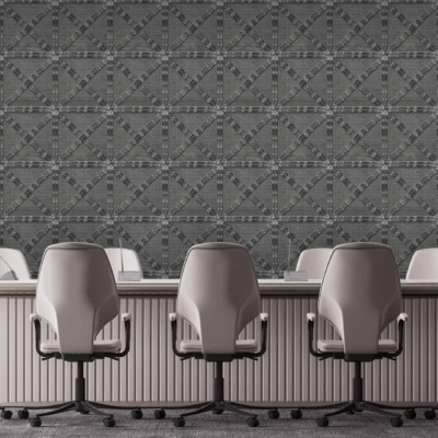 Geometric patterned wallpaper; shades of gray; modern design; clean lines; minimalistic elements.
