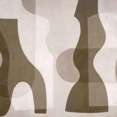 Neutral-toned abstract wallpaper by Jessica D, featuring overlapping organic shapes. The design showcases curvaceous forms in shades of brown, gray, and white, creating depth and movement against a muted, textured background.